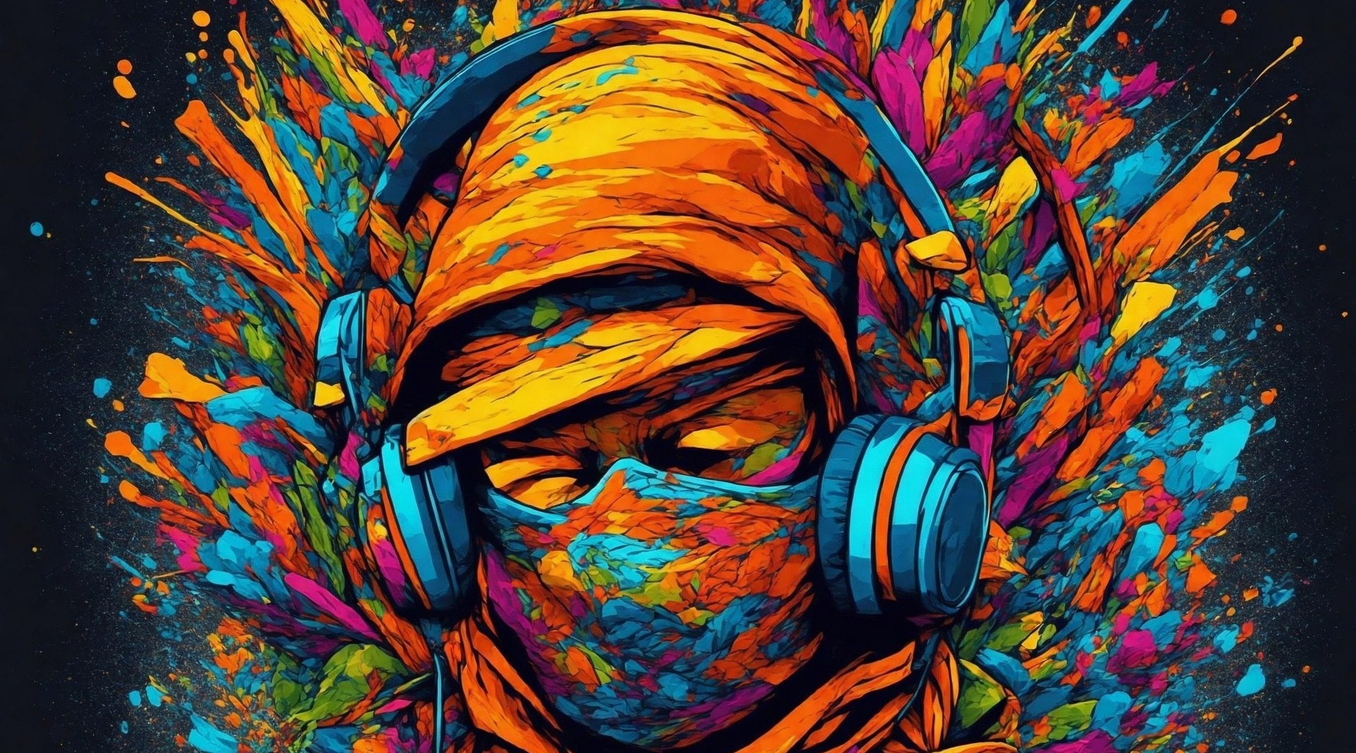 Buntes AI-generiertes Street-Art-Kunstwerk: Person mit Basecap, Kopfhörern und Gesichtstuch in explosiven Farben wie Orange, Blau, Pink und Gelb – modernes Graffiti-Design für Musik, Urban Art und kreative Events.